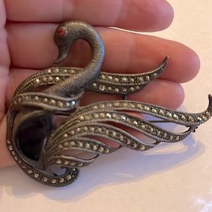 Swan Marcasite and Black Stone Pin Large Vintage
